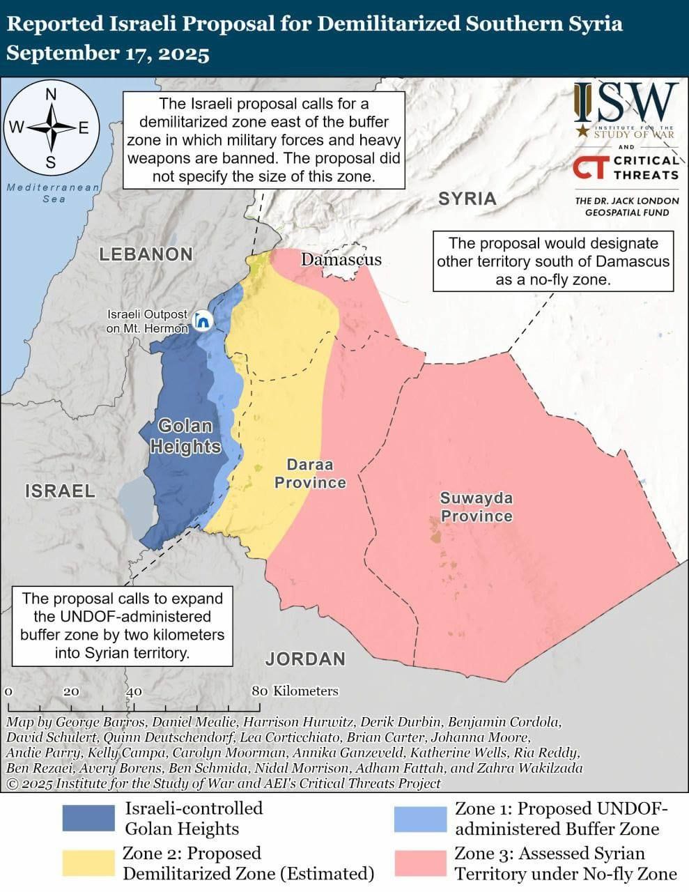 *الخارطة الأمنية الاسرائيلية لجنوب سوريا، التي وافق عليها الجولاني*  *وبموجبها سيتم تقسيم الجنوب السوري إلى ثلاث مناطق* - المنطقة الأولى باللون الأزرق وهي تحت السيطرة الاسرائيلية وتضم جبل الشيخ وعدة بلدات وقرى في ريف درعا مرورا بريف القنيطرة إلى ريف دمشق  - المنطقة الثانية باللون الاصفر وتشمل درعا ومناطق من ريف دمشق وستكون هذه المنطقة منزوعة السلاح بشكل كامل يمنع على حكومة جوجو إدخال اي أسلحة إليها - المنطقة الثالثة، باللون الأحمر هي منطقة تشمل السويداء ومناطق في ريف دمشق وهذه المنطقة سيكون فيها حظر جوي ، ممنوع اي طائرة تحلق في هذه المنطقة.